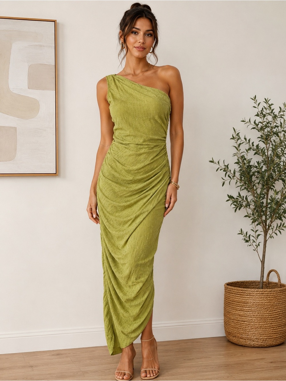PrettyLittleThing One-Shoulder Olive Green Ruched Maxi Dress
